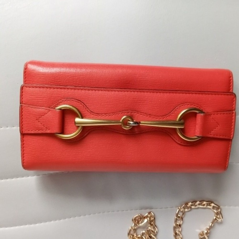 Gucci Red/Orange Leather Horse bit long wallet Authentic w/Chain & insert - Picture 5 of 15